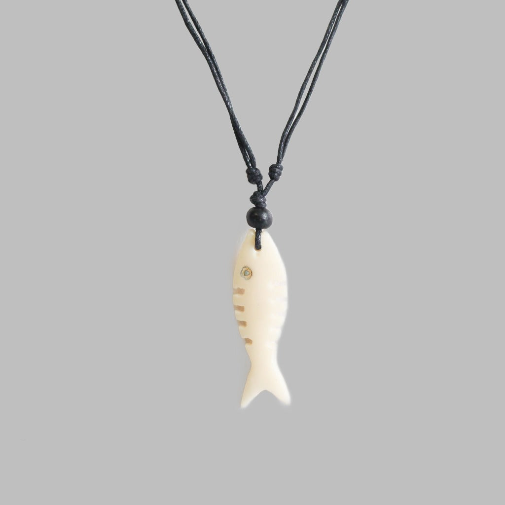 Necklace Black Cord With Wooden Fish Bone